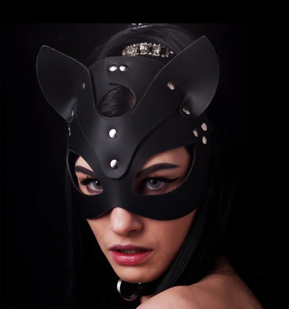 Masque, Collier et Laisse Bondage en Cuir Vegan Noir Kitty