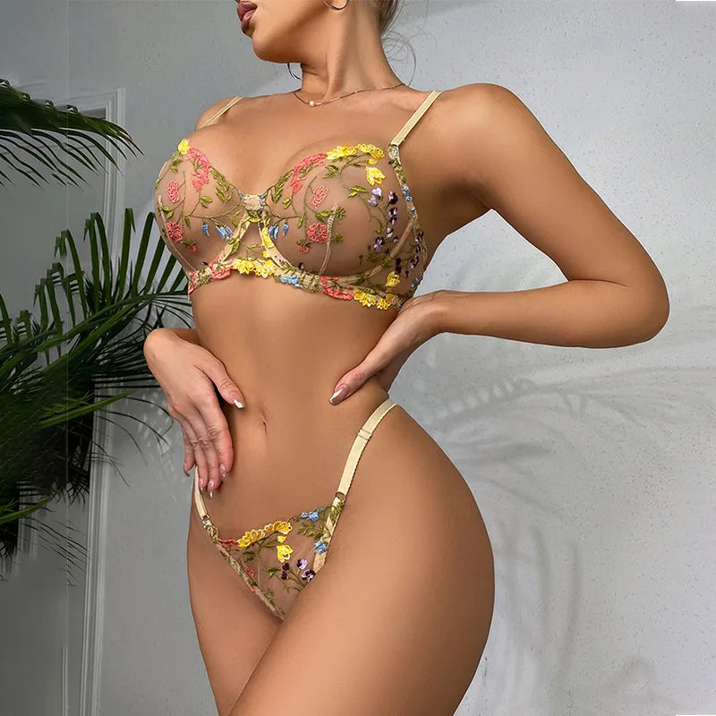 Lucifer On You - Ensemble lingerie en dentelle transparent qualité réglable fleurs