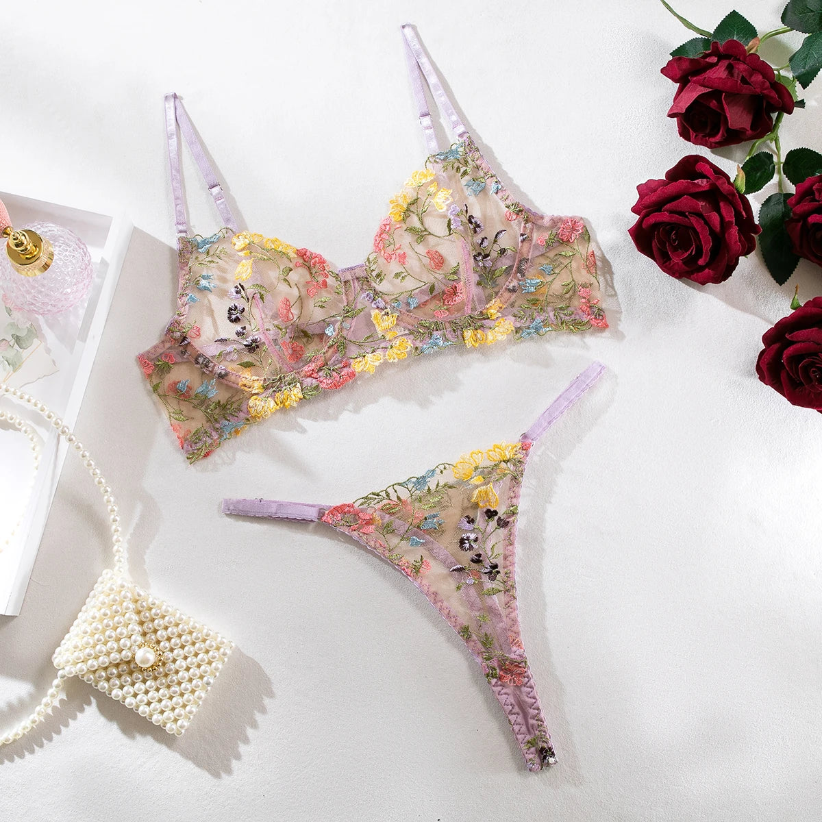 Lucifer On You - Ensemble lingerie en dentelle transparent qualité réglable fleurs